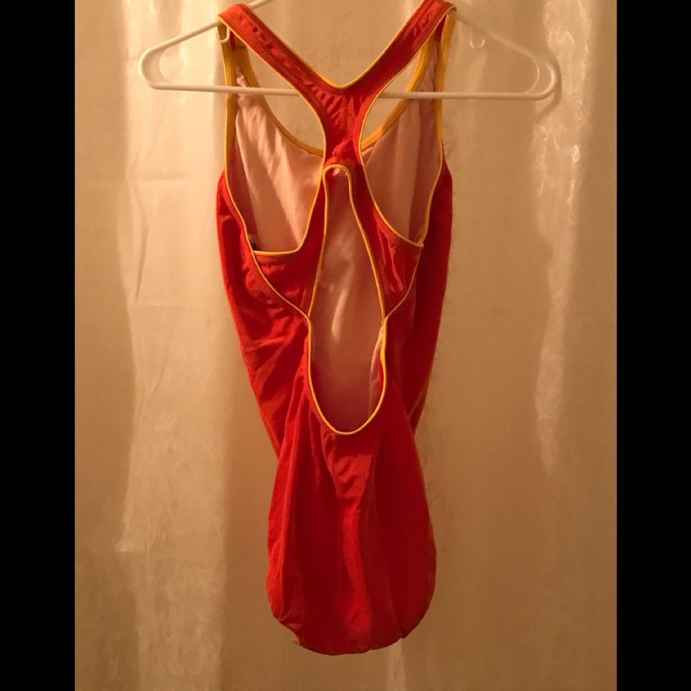 Nike swimsuit in blood orange with yellow border. - Picture 2 of 2